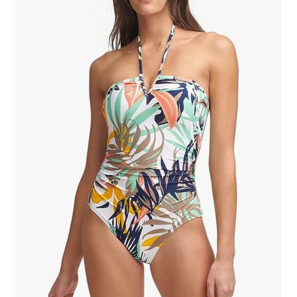 Calvin Klein Ruched Full Coverage V-Wire Halter One Piece Swimsuit White 18 NWT - Picture 1 of 3